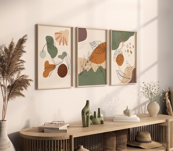 Boho Leaf Abstract Art Print Set: Green & Orange (digital Download