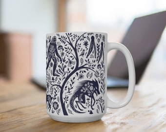 Cryptid woods in blue 15oz mug with mothman, bigfoot, the jersey devil, jackalope, and the frogman of loveland