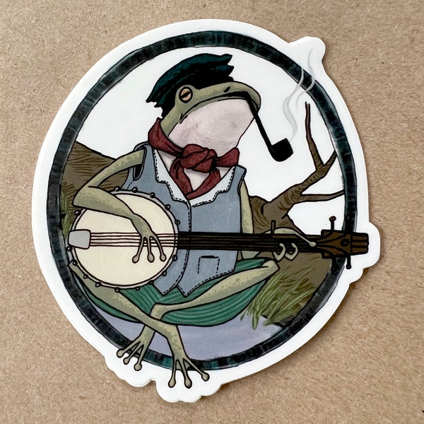 Frog playing the banjo smoking a pipe in a cravat - vinyl sticker Frog musician