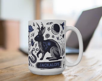Taza de Jackalope con diseño de críptido folclórico, taza de 15 oz