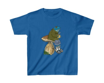 Frog on a mushroom Kids Heavy Cotton Tee cozy blue frog hot drink gift for kid gift for child