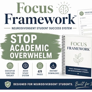 Könnte beinhalten: Ein spiralgebundener Focus Framework Planer für neurodivergente Studierende mit 49 Seiten voller Werkzeuge und Strategien. Das Cover zeigt den Titel, eine Blattillustration und den Text Tools, Strategies & Systems for Neurodivergent Students.