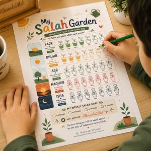 Può includere: Una tabella di monitoraggio My Salah Garden stampata su carta bianca, con cinque righe che rappresentano le preghiere quotidiane con illustrazioni di piante in vaso da colorare. La tabella include etichette di testo per Fajr, Dhuhr, Asr, Maghrib e Isha.