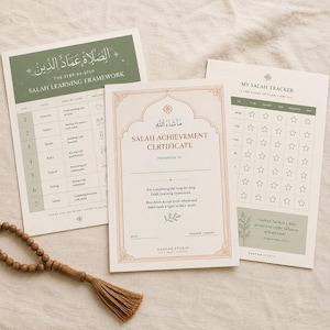 May include: A set of three printed educational papers including a Salah Learning Framework, a Salah Achievement Certificate, and a My Salah Tracker, accompanied by a brown wooden prayer bead strand with a tassel, all featuring text and star icons.
