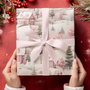 Pink Christmas village custom wrapping paper - wrapping paper personalized - holiday wrapping paper - Pink wrapping paper