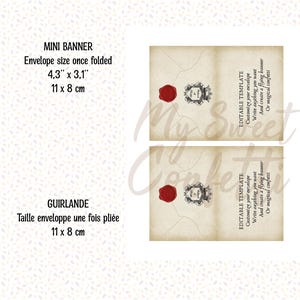 Może przedstawiać: Drukowany szablon mini banera w stylu vintage. Szablon zawiera pieczęć woskową z herbem i tekst "Edytowalny szablon" z instrukcjami personalizacji koperty, wpisania dowolnego tekstu i stworzenia latającej banery lub magicznych konfetti. Baner ma wymiary 11 cm x 8 cm po złożeniu.