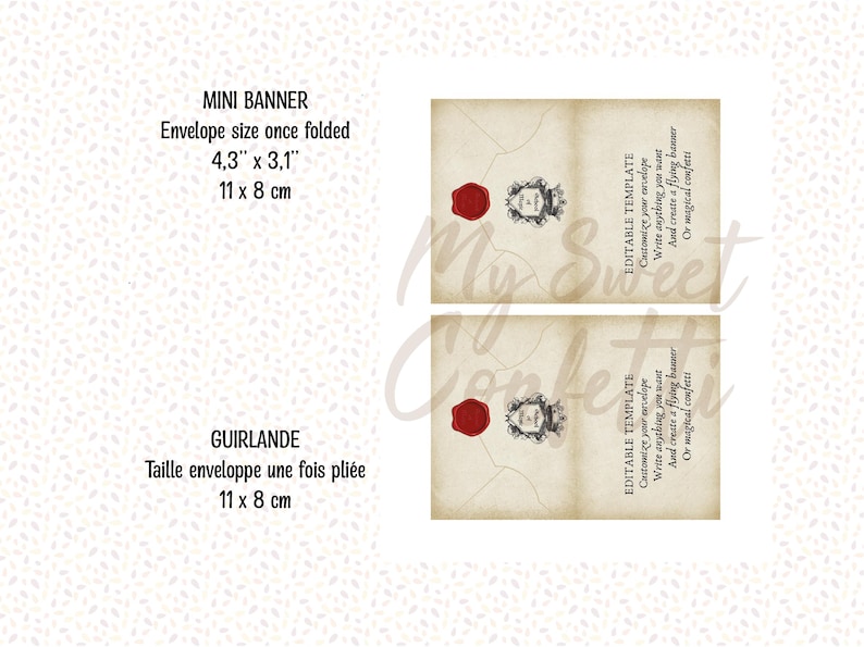 Może przedstawiać: Drukowany szablon mini banera w stylu vintage. Szablon zawiera pieczęć woskową z herbem i tekst "Edytowalny szablon" z instrukcjami personalizacji koperty, wpisania dowolnego tekstu i stworzenia latającej banery lub magicznych konfetti. Baner ma wymiary 11 cm x 8 cm po złożeniu.