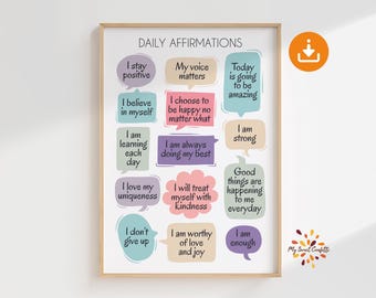 Pastellfarbenes Poster mit täglichen Affirmationen | Druckbares Poster | Positive Affirmation für Büro, Ruheecke, Klassenraum oder Therapieraum