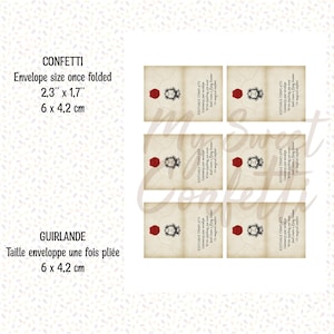 Może przedstawiać: Drukowany plik do pobrania cyfrowo dziewięciu kopert w stylu vintage z pieczęcią woskową i tekstem "Secretly Yours". Koperty mają wymiary 5,8 cm x 4,3 cm i mogą być używane do konfetti lub jako girlanda.