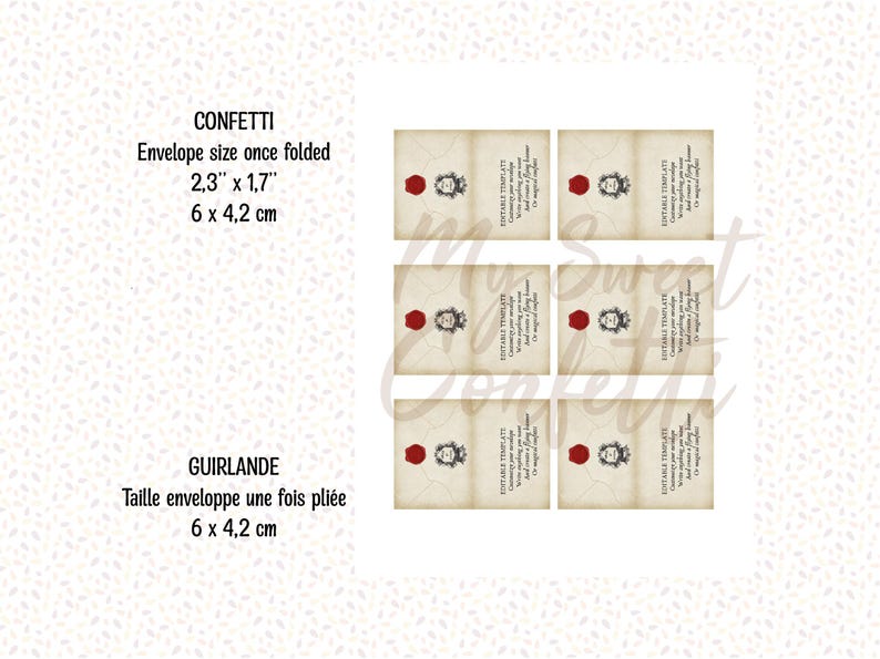 Może przedstawiać: Drukowany plik do pobrania cyfrowo dziewięciu kopert w stylu vintage z pieczęcią woskową i tekstem "Secretly Yours". Koperty mają wymiary 5,8 cm x 4,3 cm i mogą być używane do konfetti lub jako girlanda.