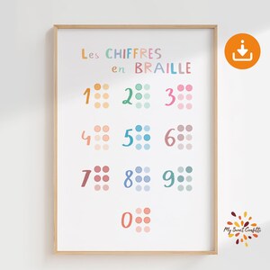 Braille numbers French poster | Printable Wall Art | Educational resource for classroom, calm corner, Montessori playroom