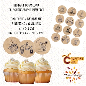 May include: Printable 2-inch round cupcake toppers with a whimsical Halloween theme. The designs feature a cauldron, potion bottles, a scroll, a witch's hat, and a magic wand. The toppers are compatible with Cricut machines and are available in PDF and PNG formats.
