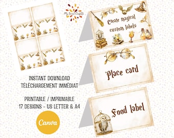 Food labels, editable place cards inspired by the magical world of witchcraft, featuring magical emblems, perfect for any type of party