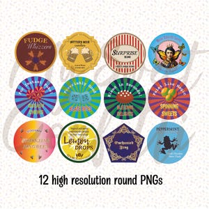 May include: Twelve round, colorful, illustrated stickers with various Harry Potter themed candy names and images. The stickers include names like "Fudge Whizzers", "Bittery Beer Candies", "Surprise Beans", "Feverishly Good Blaze Bites", "Blood in Seconds Bleeding Delights", "Faint Like Magic Spinning Sweets", "Peppermint Frog", "Sparkling Zing Bee", "Lemon Drops", and "Enchanted Frog".