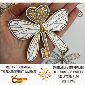 May include: Printable digital paper with eight designs of a golden key with wings. The key is in the shape of a heart and has intricate details. The wings are white with gold veins. The designs are perfect for crafting, scrapbooking, and other creative projects.