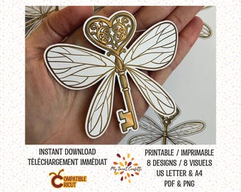 May include: Printable digital paper with eight designs of a golden key with wings. The key is in the shape of a heart and has intricate details. The wings are white with gold veins. The designs are perfect for crafting, scrapbooking, and other creative projects.