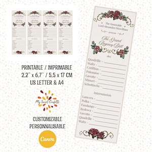 Marque-page Régence carte de danse modifiable | Marque-page imprimable | Fichier numérique | Instructions incluses | Téléchargement immédiat