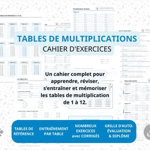 Pode incluir: Um caderno de exercícios de tabuada com tabelas de referência de 1 a 12, exercícios de prática, tabelas mistas e grelhas de autoavaliação. A capa apresenta o texto TABLES DE MULTIPLICATIONS CAHIER D'EXERCICES e My Sweet Confetti.