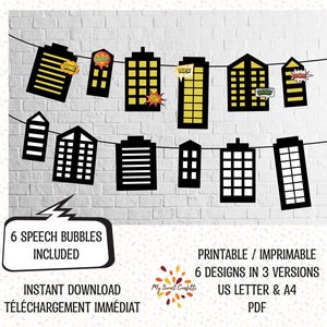 Puede incluir: Pancarta de ciudad imprimible con seis diseños de edificios diferentes. Cada edificio tiene un bocadillo de diálogo con una palabra diferente. Las palabras son "Bang", "Pow", "Ouch", "Zoom", "Wham" y "Swoosh". La pancarta está disponible en tamaños US Letter y A4.