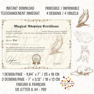 Könnte beinhalten: Druckbarer magischer Adoptionszertifikat in Englisch und Französisch. Das Zertifikat verfügt über ein fantasievolles Design mit einer handgezeichneten Eule, einem Frosch, einer Katze und einer Maus. Das Zertifikat ist in zwei Größen erhältlich: 9,84 Zoll mal 7 Zoll und 7 Zoll mal 5,12 Zoll. Das Zertifikat ist in den Formaten US Letter und A4 erhältlich.