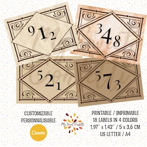 May include: Printable labels with a vintage design featuring four different numbers: 348, 912, 521, and 573. The labels are customizable and come in four colors. They are 1.97 inches by 1.42 inches and can be printed on US Letter or A4 paper.