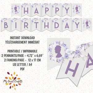May include: Printable purple and white floral birthday banner with the words "HAPPY BIRTHDAY" in purple letters. The banner is designed for instant download and includes two pennants per page, measuring 4.72 inches by 6.69 inches.