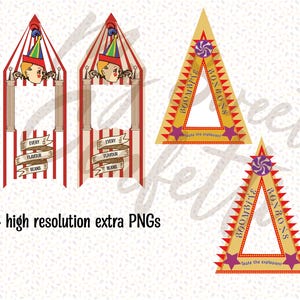 May include: Four printable party decorations featuring a whimsical circus theme. Two red and white striped booths with a clown face and the text "Every Flavour Beans". Two yellow triangle signs with the text "Boombite Bonbons" and "Taste the explosion".