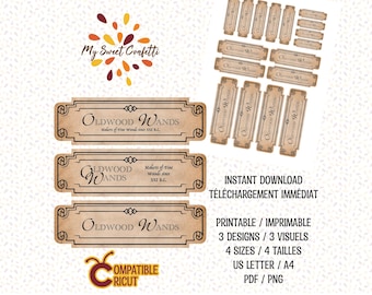 Może przedstawiać: Drukowany plik do pobrania z trzema wzorami etykiet Oldwood Wands. Etykiety są w stylu vintage z brązowym tłem i czarnym tekstem. Tekst brzmi "Oldwood Wands Makers of Fine Wands since 532 B.C."