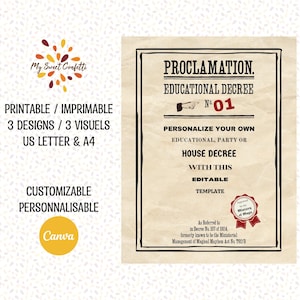 May include: Printable proclamation template with a vintage design. The text reads "Proclamation. Educational Decree No. 01. Personalize your own educational, party or house decree with this editable template."