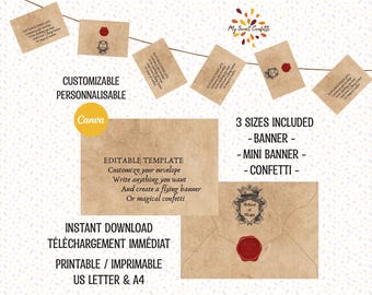 Wizard Envelope Banner Confetti  | Printable decoration | Editable file | Digital file | Instructions included | Instant download