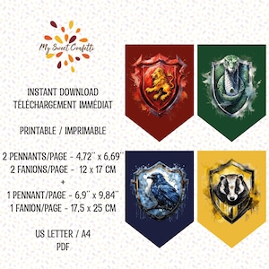 Wizard Banner | Printable banner inspired by the magical world of witchcraft, featuring the crests of the wizarding school houses