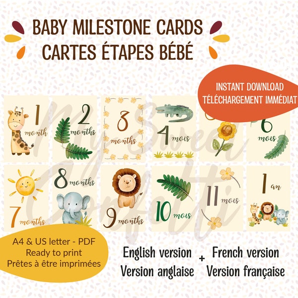 Cartes étapes bébé jungle aquarelle / Téléchargement immédiat / Fichier numérique / Anniversaire, mariage, baby shower, EVJF, baptême