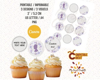 May include: Printable cupcake toppers with three designs featuring a purple silhouette of a woman's head with floral accents. The toppers are 2 inches in diameter and are compatible with Cricut.
