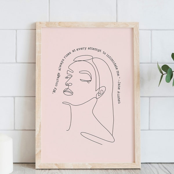 Jane Austen Wall Art, Pride and Prejudice Book Minimalist Decor, My courage always rises Quote, Literary Gift, Pink Poster Digital Download