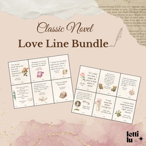 Printable Book Quote Cards, Romantic Book Love Notes, Literary Valentine&#39;s Day, Gift Tag, Cards for Readers, Book Club Library Valentines