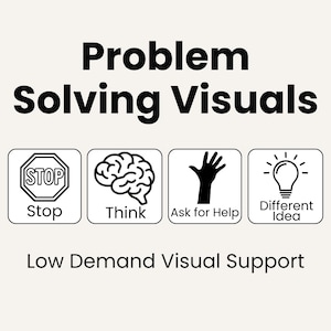 Op de afbeelding: Een afbeelding met de tekst Problem Solving Visuals en Low Demand Visual Support. Vier vierkante iconen tonen een stopbord met het woord Stop, een brein met het woord Think, een hand met Ask for Help en een gloeilamp met Different Idea.