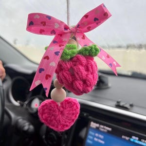 Strawberry Crochet Car Charm | Cute Hanging Car Accessory | Heart & Bead Decoration | Pink Kawaii Car Mirror Charm | Handmade Gift