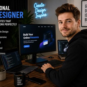 Op de afbeelding: Een professionele webdesigner werkt aan een houten bureau met een computermonitor, laptop en een zwarte mok met de tekst EAT SLEEP CODE REPEAT. Het scherm toont Build Your Online Presence en diensten voor webdesign.
