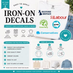 Op de afbeelding: Strijkapplicaties voor kleding, tassen en meer. De afbeelding toont een wit t-shirt met logo's van politieke partijen, waaronder Labour, Green Party en Conservatives. Het ontwerp is eenvoudig aan te brengen en perfect voor supporters, campagnes en evenementen.