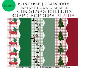 クリスマス掲示板用チェック柄ボーダー、幼稚園教室用装飾（デジタルダウンロード）