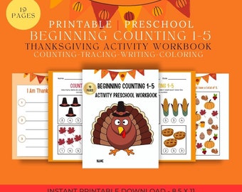 Thanksgiving Counting Workbook, Preschool Activity, Tracing, Matching (PDF File)