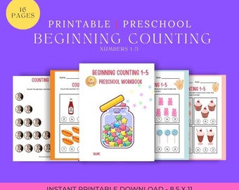 幼稚園児向け数え方ワークブック、1～5の数字、食べ物のグラフィック（PDFファイル）