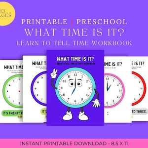 Preescolar, Aprenda a decir la hora, libro de trabajo preescolar, actividades para decir la hora, plan de estudios preescolar, niños pequeños, educación en el hogar, hojas de trabajo de guardería,