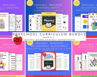 Homeschool Bundle, Preschool Curriculum, Beginning Counting, Colors, Phonics, Shapes, Alphabet, numbers, Instant Downloadable Worksheets,