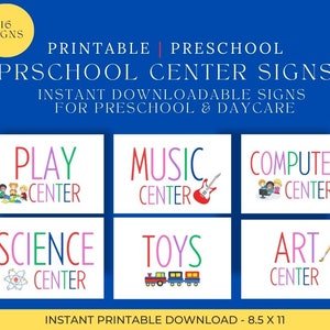 Preschool Printable Signs, Instant Download Center Signs, Preschool signs bundle, Art, Music, Play, Computer, Science, Toys, Math Signage