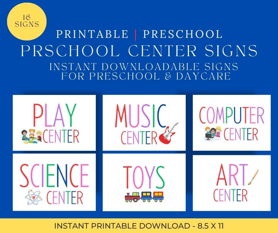 Preschool Classroom Signs, Instant Download Center Signs, Preschool signs bundle, Art, Music, Play, Computer, Science, Toys, Math Signage