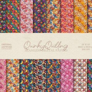 Puede incluir: Una colección de papeles digitales sin costuras y coloridos con patrones florales y de cachemira. Los papeles presentan diseños intrincados en tonos de rosa, azul, naranja y amarillo. El texto "Quirky Quilling" y "Seamless Digital Papers" es visible.