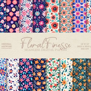 May include: A collection of seamless digital papers with floral patterns. The designs feature various colorful flowers in shades of pink, blue, orange, and white. The text "Floral Finesse" and specifications are also visible.