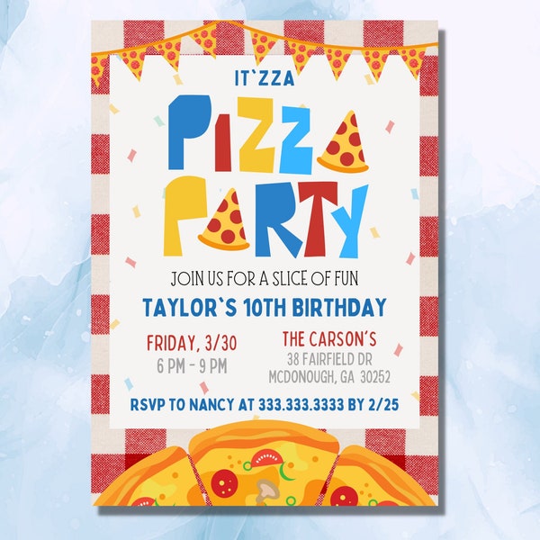 Editable Pizza Party Invitation Birthday Celebration Make Your Own DIY Italian Pizzeria Canva Instant Download Kids Fun Toppings Pepperoni