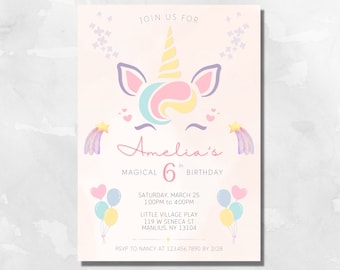 Editable Unicorn Invitation Princess Birthday Party Celebration Canva Instant Download Glitter Pixie Fairy Magical Garden Wish Shooting Star